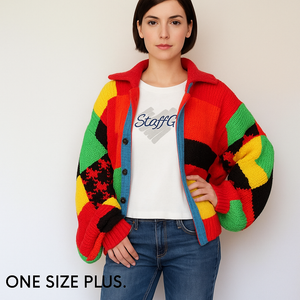 Harry styles Bright knitted oversized cardigan with a patchwork pattern in retro style, One Size Plus