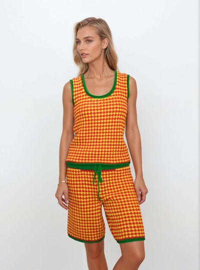 Colorful 2-piece knit set for women, featuring a checkered tank top and matching shorts in yellow, red, and green for summer.