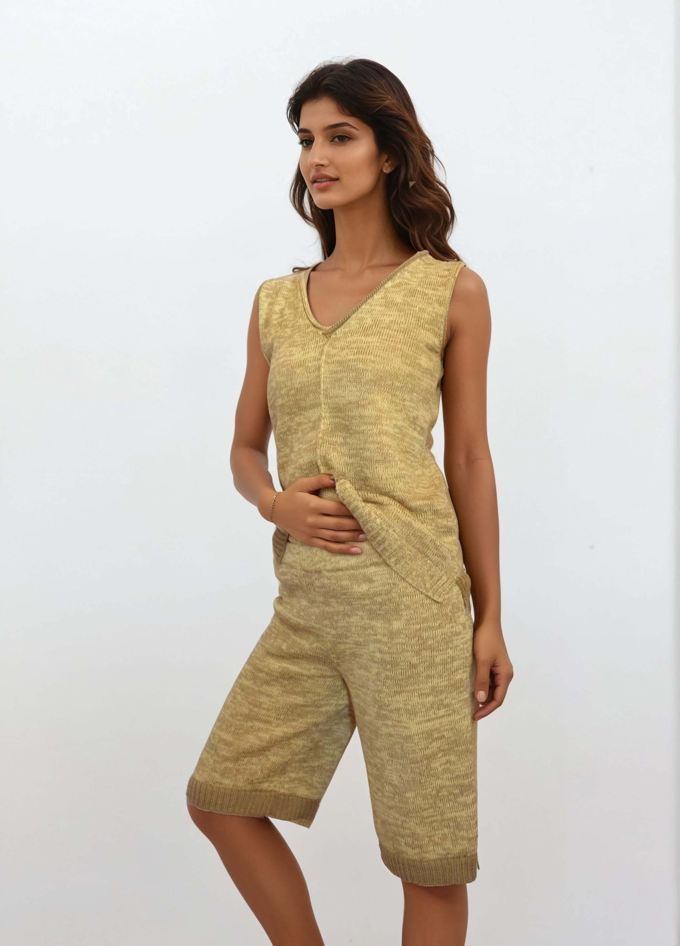 Knit set shorts and top co-ord in gradient beige, featuring a V-neck top and comfortable fit for a polished lounge look.
