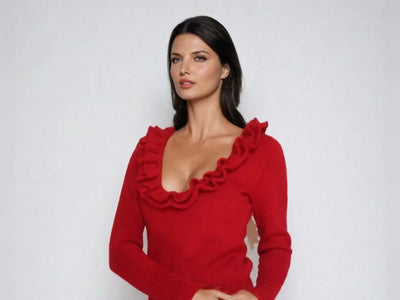 Audrey Horne-inspired red ruffled sweater featuring a scoop neck, bold design, and stylish cable knit detail.