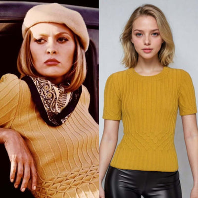Bonnie and Clyde inspired mustard yellow sweater, handmade cable knit, featuring short sleeves and intricate design.