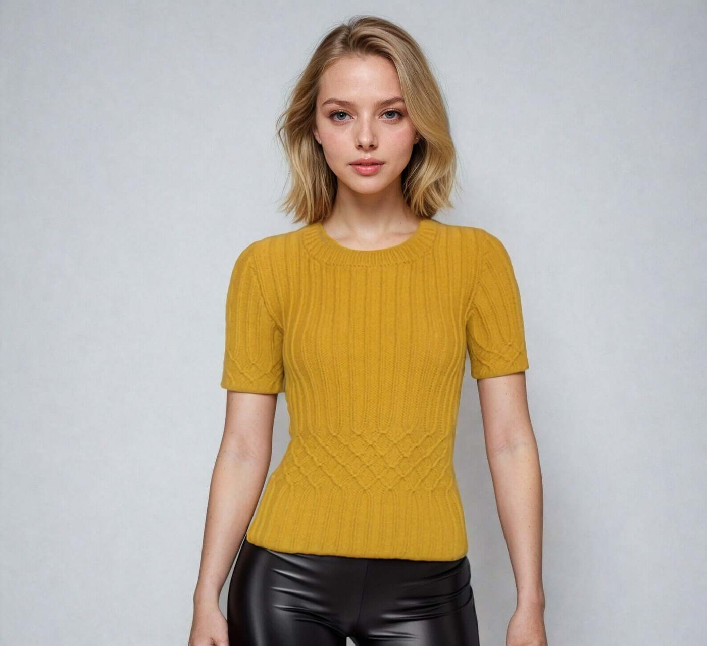 Mustard yellow Bonnie and Clyde sweater for women, short-sleeved, cable knit, handmade, inspired by 1967 movie fashion.