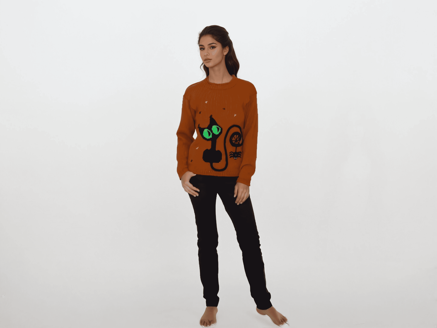 Burnt Orange jumper cat and sprider embroidery knitted  