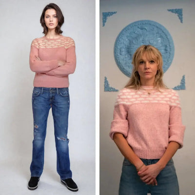 Two models wearing the Honeycomb pink sweater from Promising Young Woman, showcasing a stylish and cozy design.