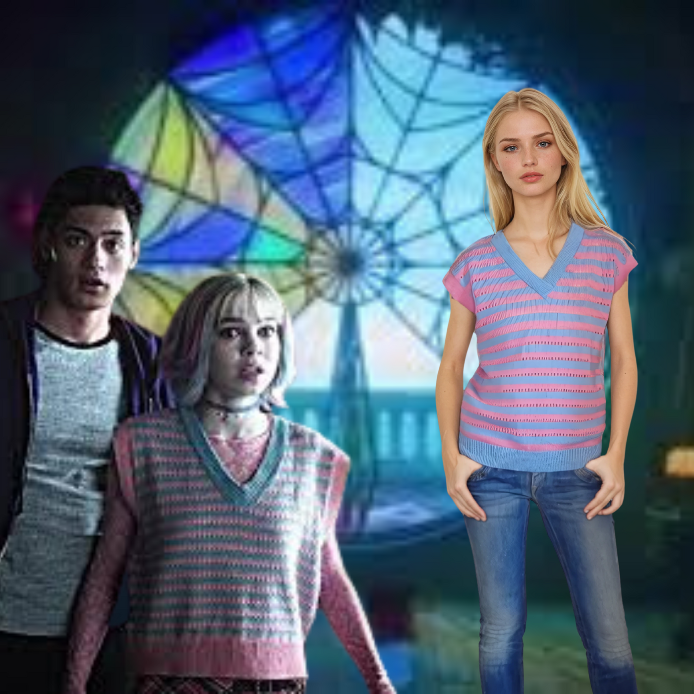 wednesday enid sinclair striped sweater pink blue handamde