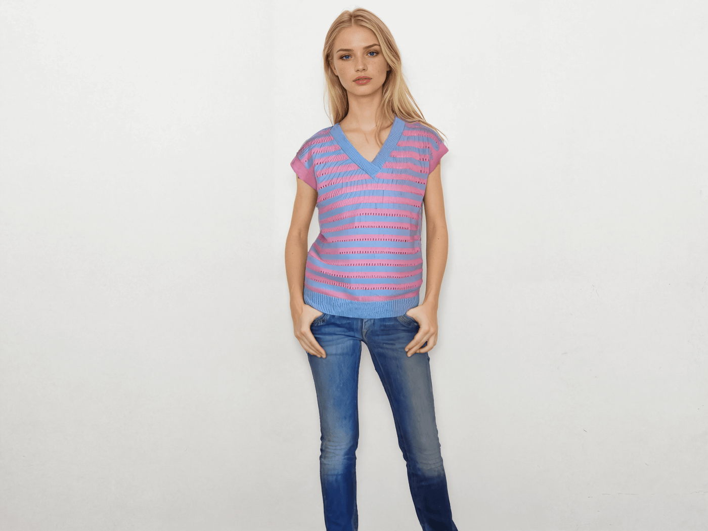 Enid Sinclair cosplay striped sweater vest pink and blue layered outfit Wednesday costume
