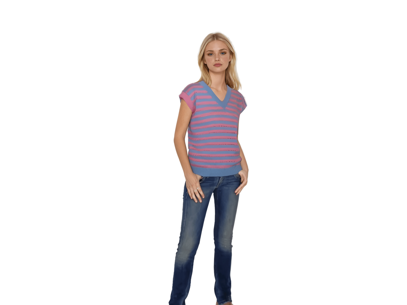 Wednesday Enid Sinclair striped pink and blue knit vest cosplay outfit pastel aesthetic.