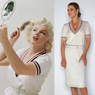 Marilyn Monroe inspired V-neck sweater dress in white, red, and black, showcasing iconic 1955 tennis style.