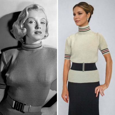 Marilyn Monroe in iconic pink sweater from Hometown Story 1951, alongside a modern replica showcasing high collar and striped cuffs.