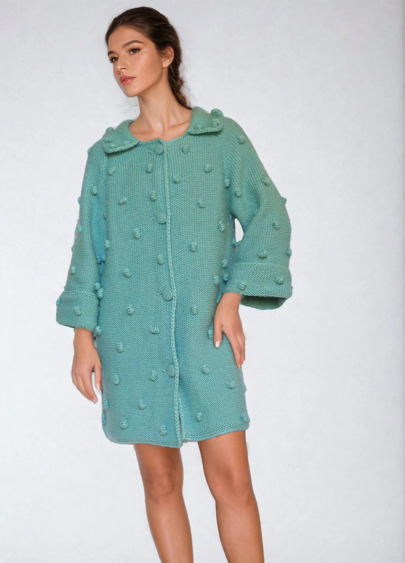 Handmade turquoise bubble knit coat with textured bobble detailing and oversized sleeves – cozy winter cardigan for women
