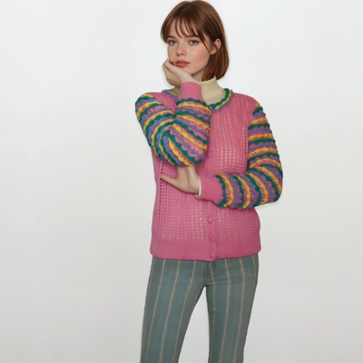 Crochet Striped Cardigan Rainbow - Women’s Knit Sweater