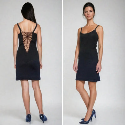 Black dress with open spiderweb back design, spaghetti straps, and form-fitting silhouette, perfect for edgy elegance.