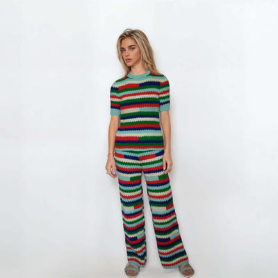Multicolor striped two-piece pants set for women, featuring a knitted crochet design, perfect for summer outfits CROCHET