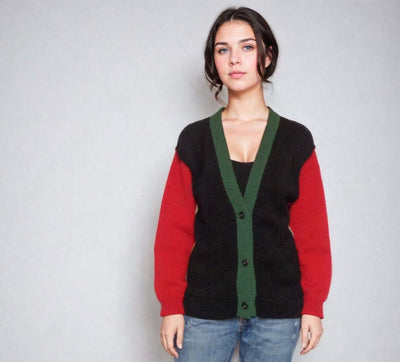 Handmade color block sweater in black, green, and red, inspired by Twin Peaks, perfect for 90s fashion lovers.