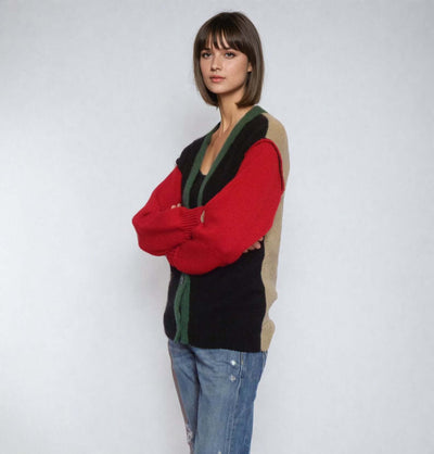 Handmade color block sweater inspired by Twin Peaks, showcasing vintage 90s style with a relaxed fit and vibrant hues.