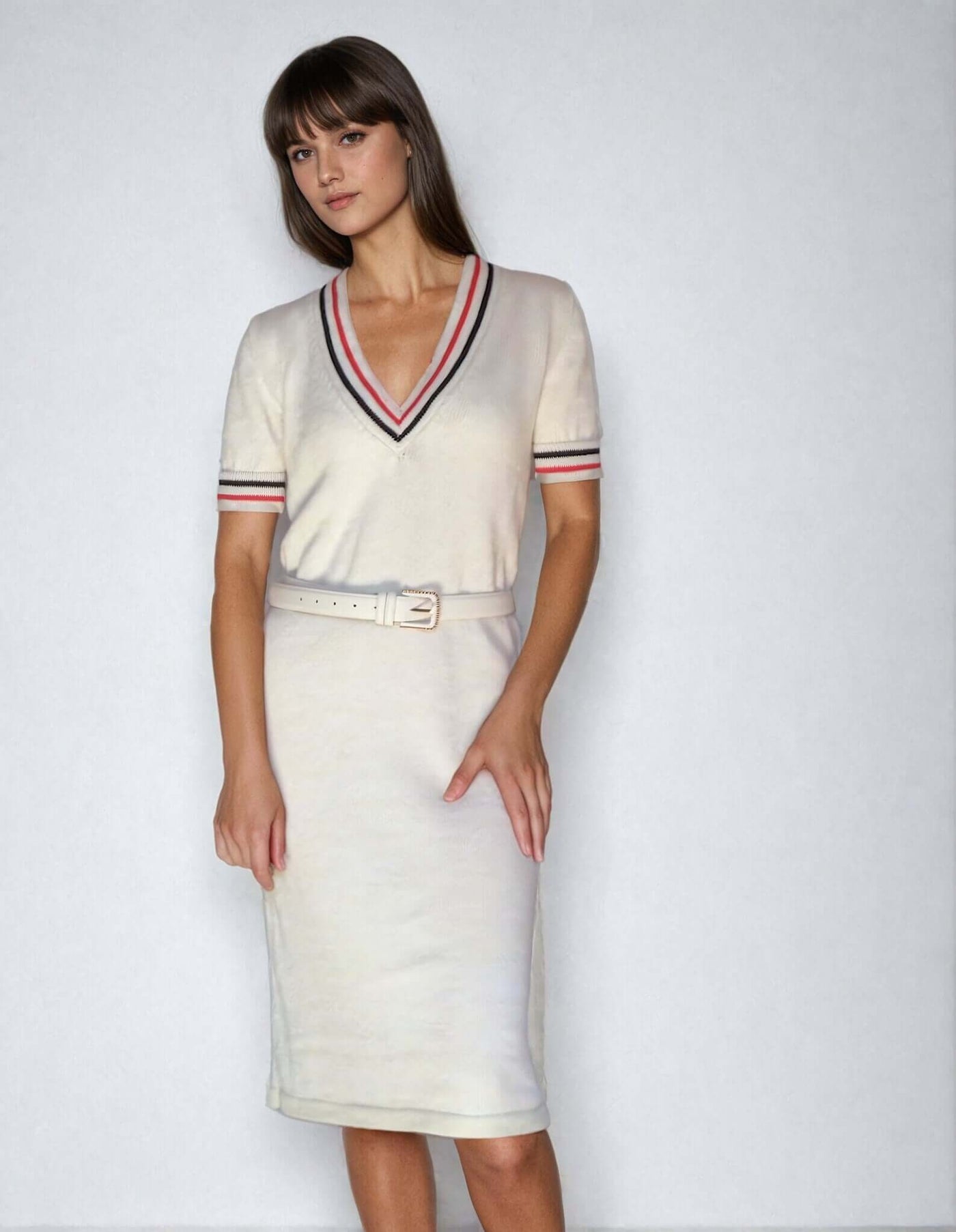 Marilyn Monroe inspired cable knit V-neck sweater dress in white with red and black stripes, showcasing a classic retro style.