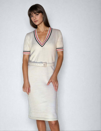 Marilyn Monroe inspired cable knit V-neck sweater dress in white with red and black stripes, showcasing a classic retro style.