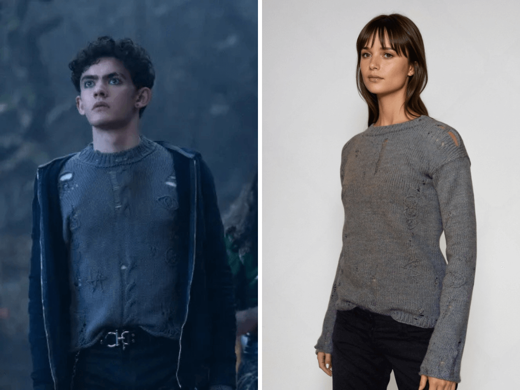 Agatha All Along distressed punk sweater worn by Joe Locke, showcasing cable knit design and film-inspired wear.