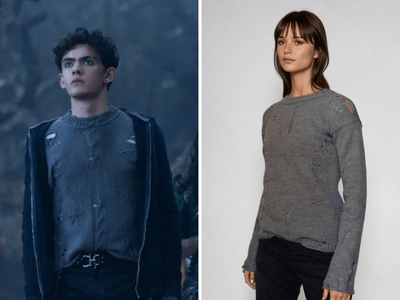 Agatha All Along distressed punk sweater worn by Joe Locke, showcasing cable knit design and film-inspired wear.