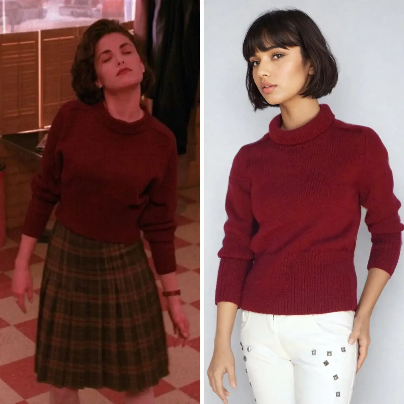 twin peaks merch Burgundy red cropped sweater inspired by Audrey Horne from Twin Peaks, showcasing 90s fashion style.