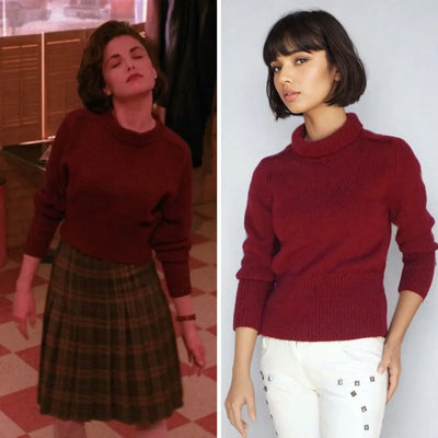 twin peaks merch Burgundy red cropped sweater inspired by Audrey Horne from Twin Peaks, showcasing 90s fashion style.