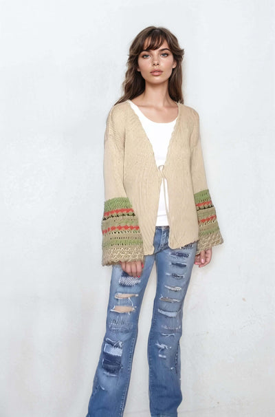 Bell-sleeve cardigan with scalloped crochet sleeves, beige color, perfect for summer layering, featuring multi-color sleeve detail.