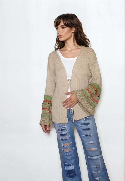 free people sweater Bell sleeve cardigan with scalloped crochet sleeves, open front, perfect for summer, in multi-color and beige.