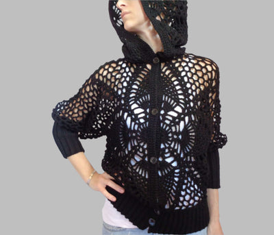 Black crochet hooded bomber jacket with pineapple pattern and button-up front, offering a relaxed fit for summer style.