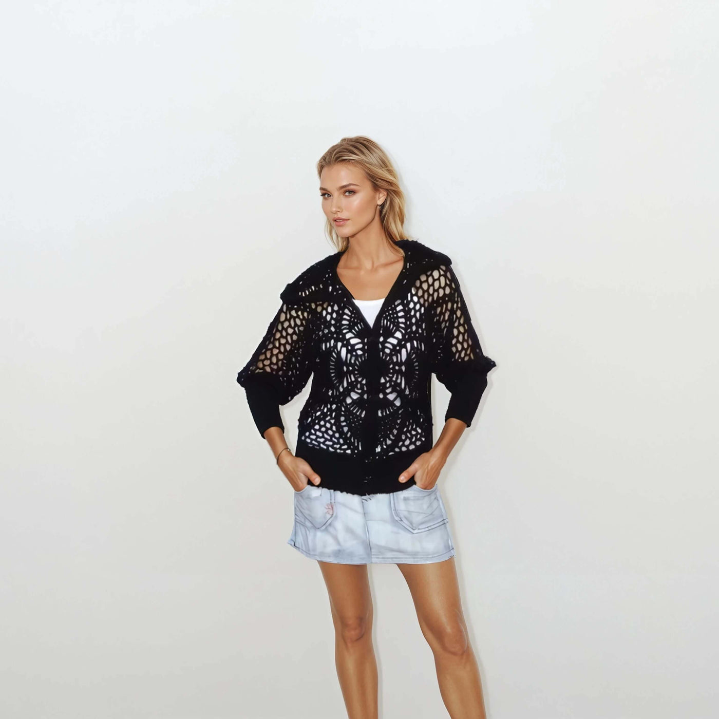 Black crochet lace bomber jacket with hood, featuring a pineapple pattern and button-up front, perfect for summer.