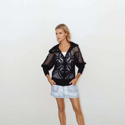 Black crochet lace bomber jacket with hood, featuring a pineapple pattern and button-up front, perfect for summer.