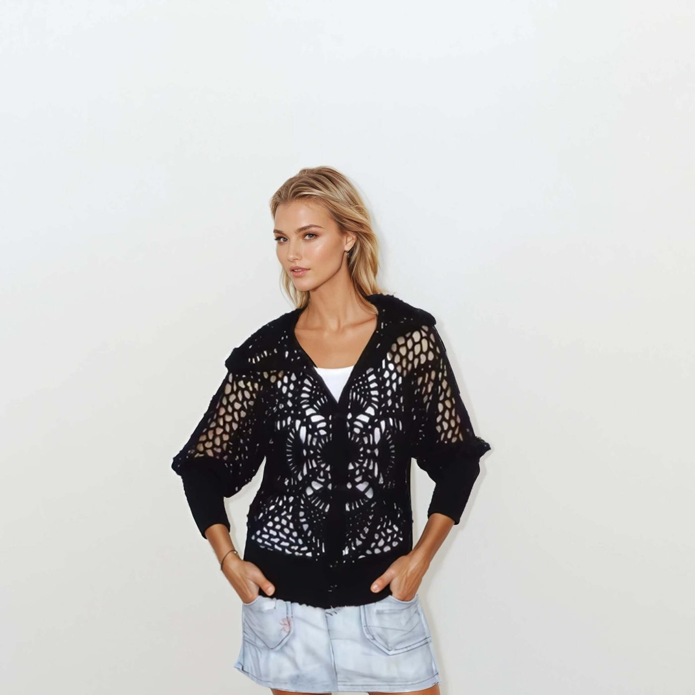 Black crochet lace bomber jacket with hood, pineapple mesh pattern, button-up, relaxed fit, perfect for summer.