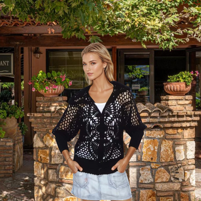 black lace cardigan with hood handmade crochet button up greek summer outfits castella beach hotel