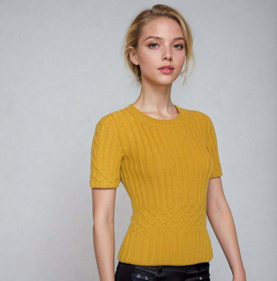 Handmade Bonnie and Clyde cable knit sweater in mustard yellow for women, inspired by classic 1967 movie fashion.