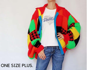 Oversized multicolor patchwork cardigan with geometric patterns and button closure, perfect for casual wear.