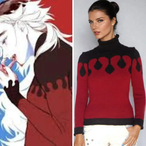 Douma Demon turtleneck sweater in red and black, inspired by Demon Slayer, with blood drippy knit design for cosplay.