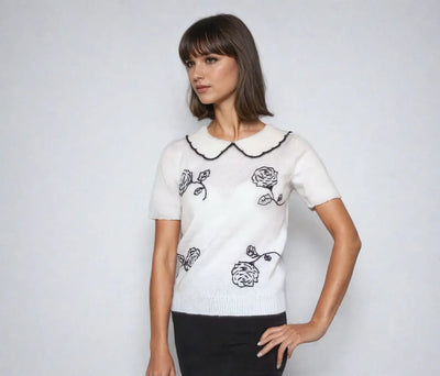 Donna Hayward inspired white blouse with Peter Pan collar and black rose embroidery, short sleeves, vintage style.