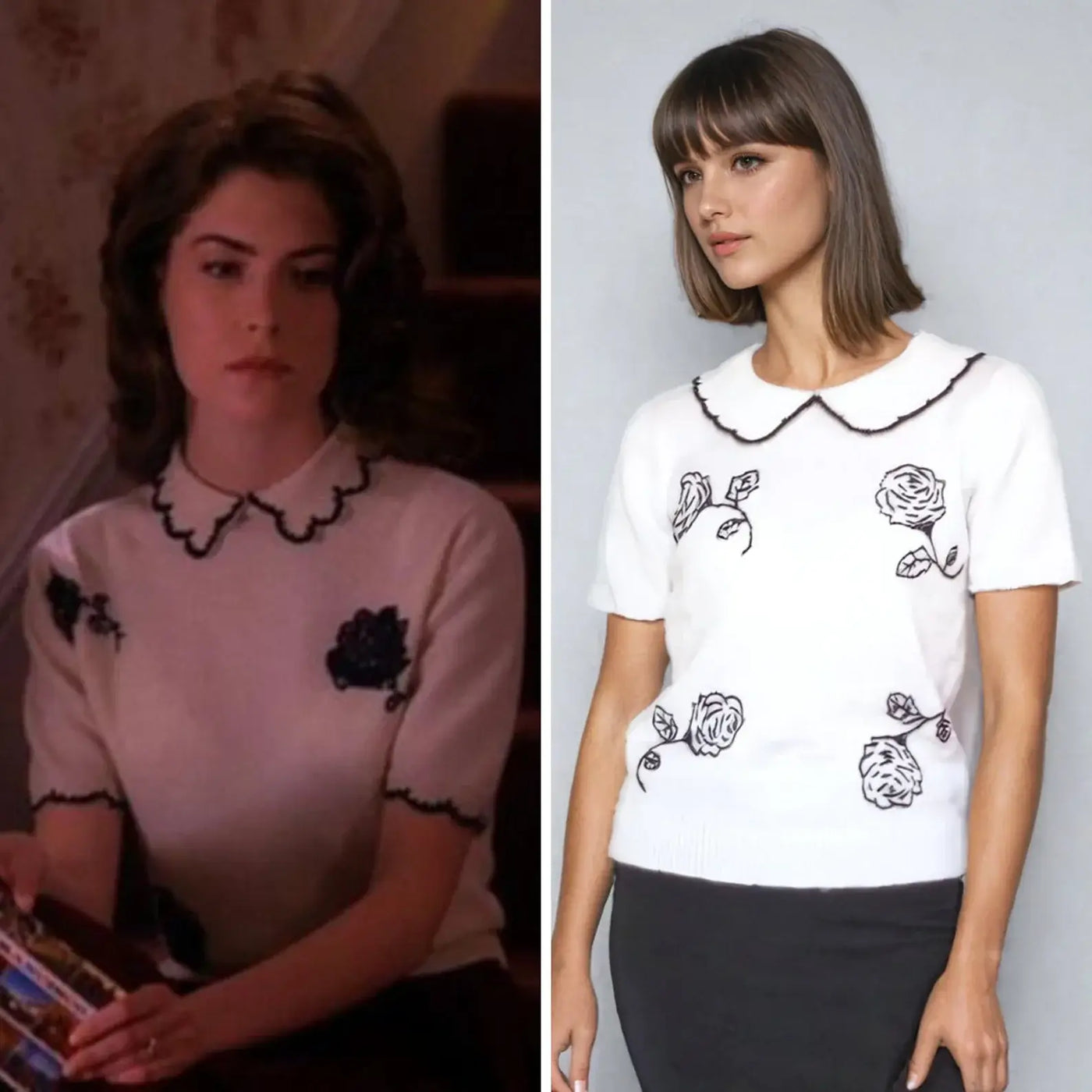Side-by-side image of Donna Hayward's Twin Peaks blouse and its modern replica featuring black rose embroidery.