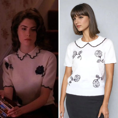 Side-by-side image of Donna Hayward's Twin Peaks blouse and its modern replica featuring black rose embroidery.