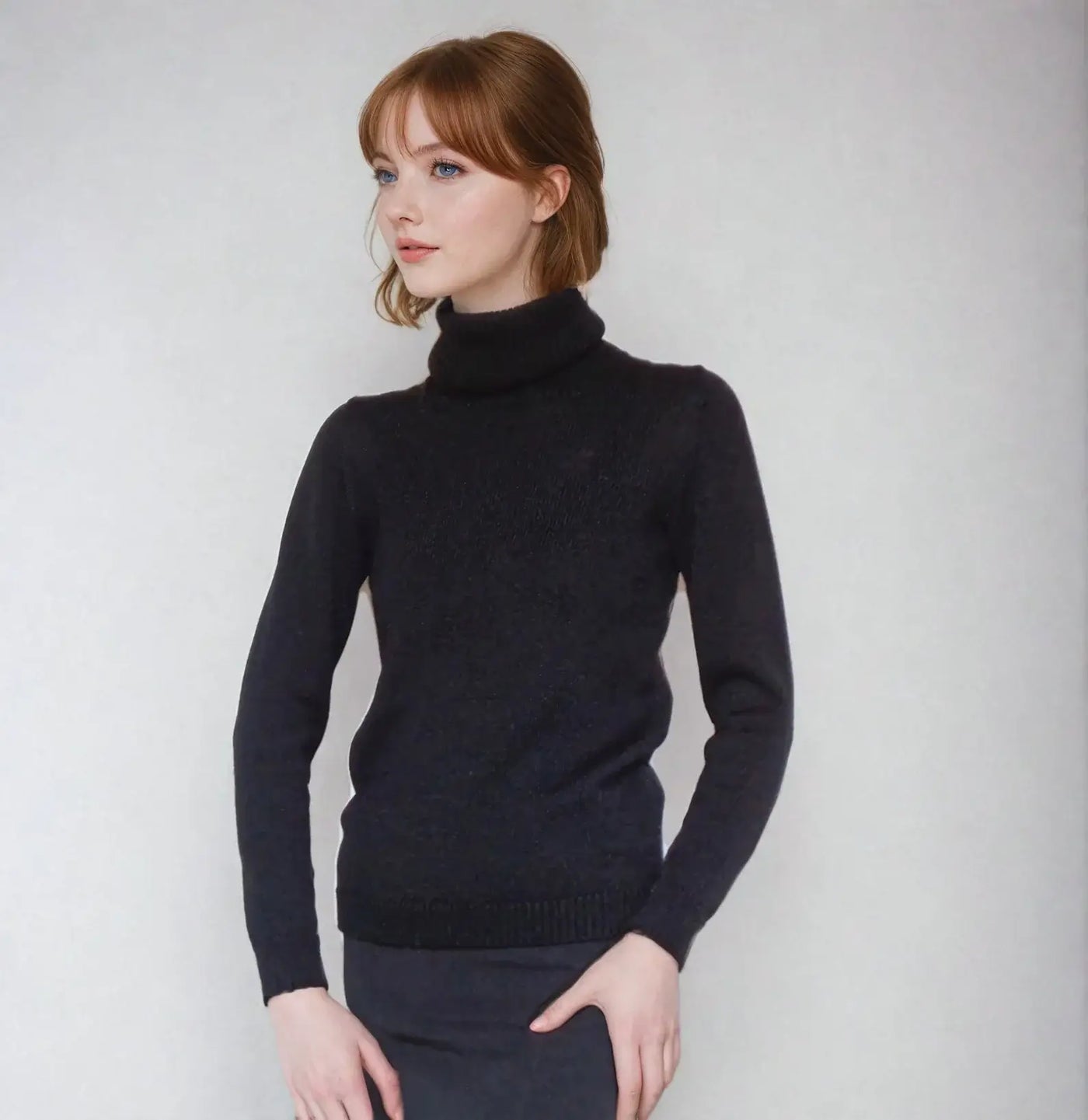 fitted black turtleneck sweater Marilyn Monroe-inspired black turtleneck fitted sweater made from mohair, wool, and acrylic with long sleeves.