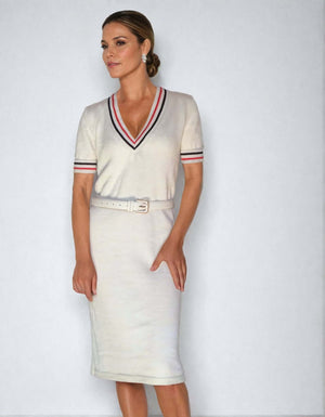 Marilyn Monroe inspired V-neck sweater dress showcasing cable knit design with red and black stripes, perfect for stylish outfits.