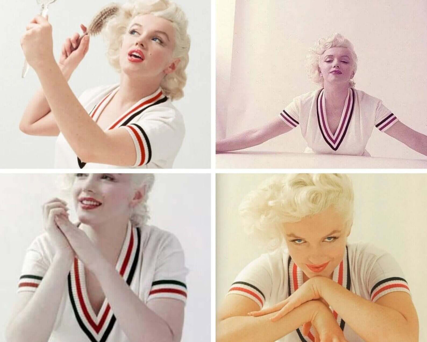 Marilyn Monroe in a white and red V-neck sweater dress, showcasing iconic poses and glamorous style.