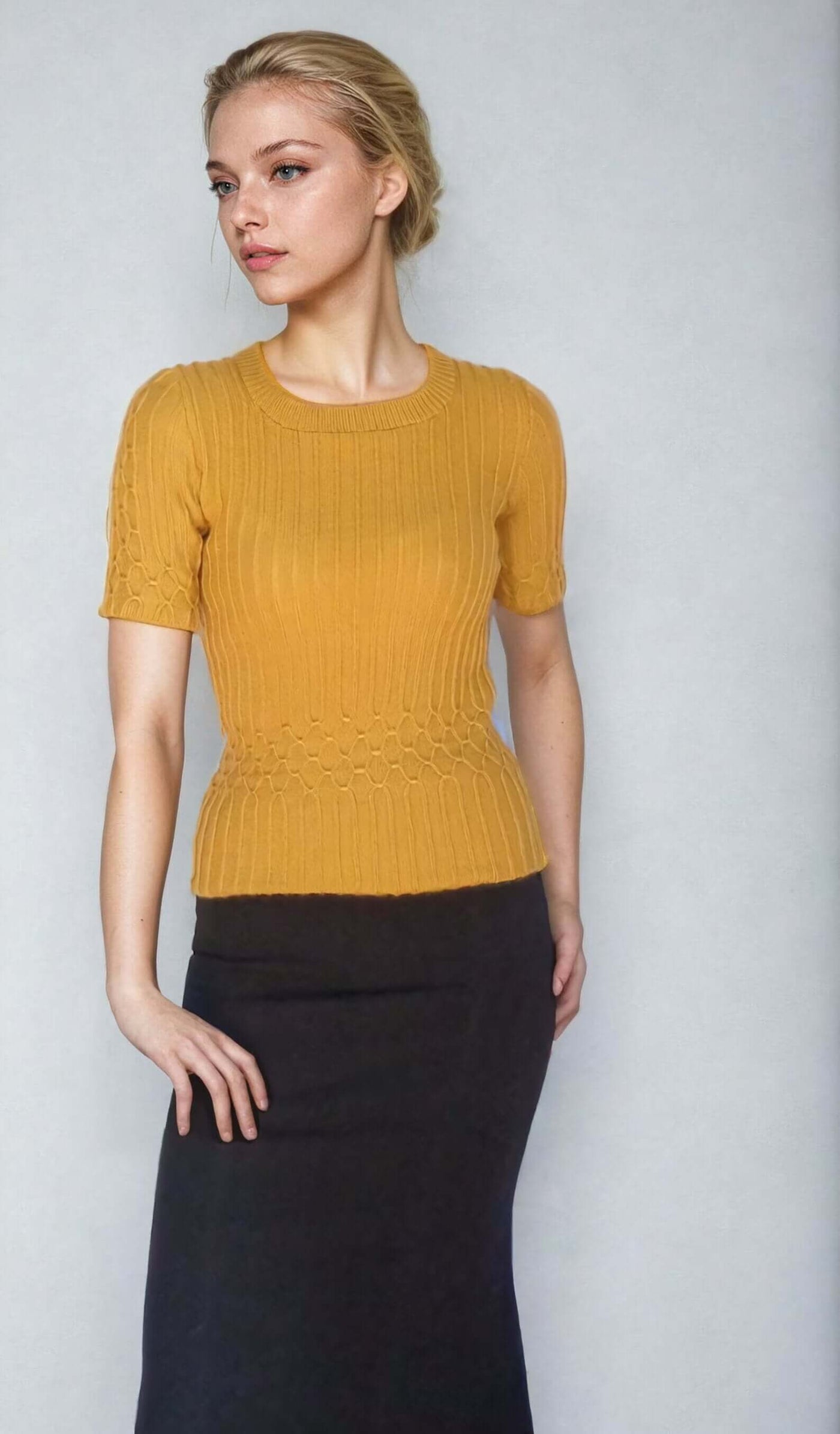 Women in a handmade yellow mustard cable knit sweater top, inspired by the iconic Bonnie and Clyde movie.