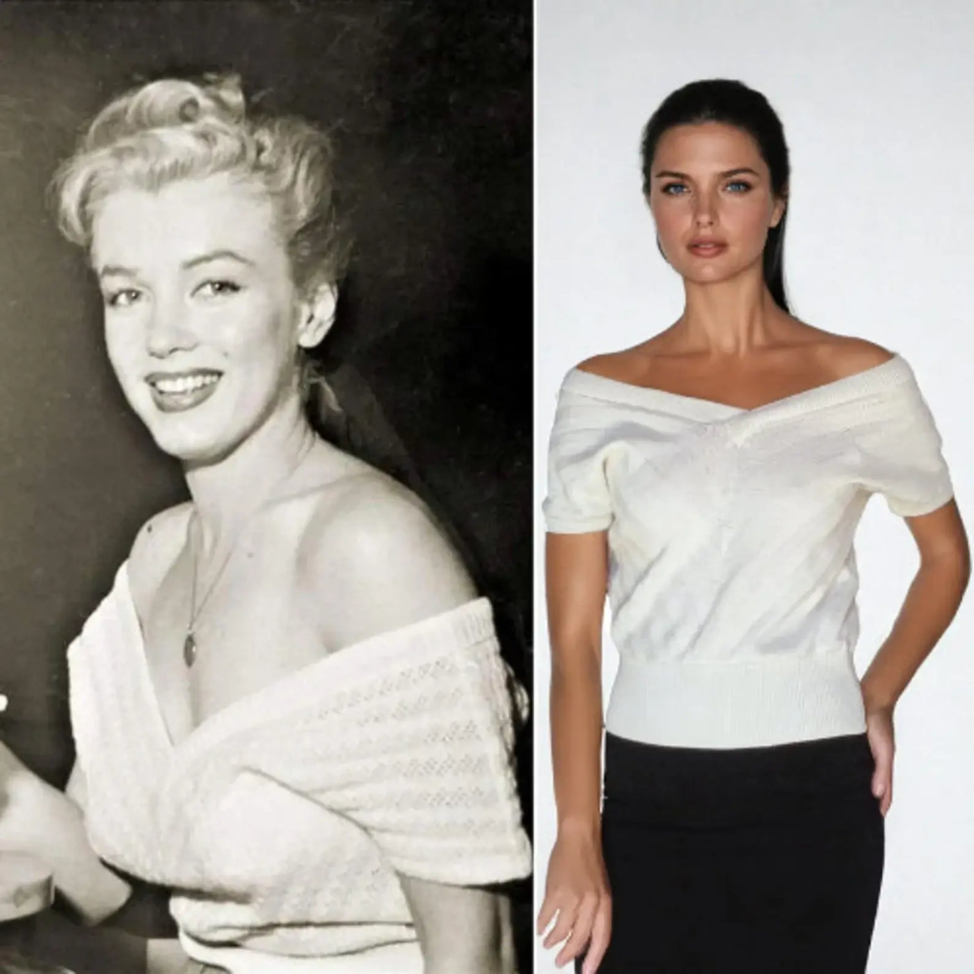 Marilyn Monroe inspired v-neck top replica, off the shoulder white sweater, showcasing vintage Hollywood style.