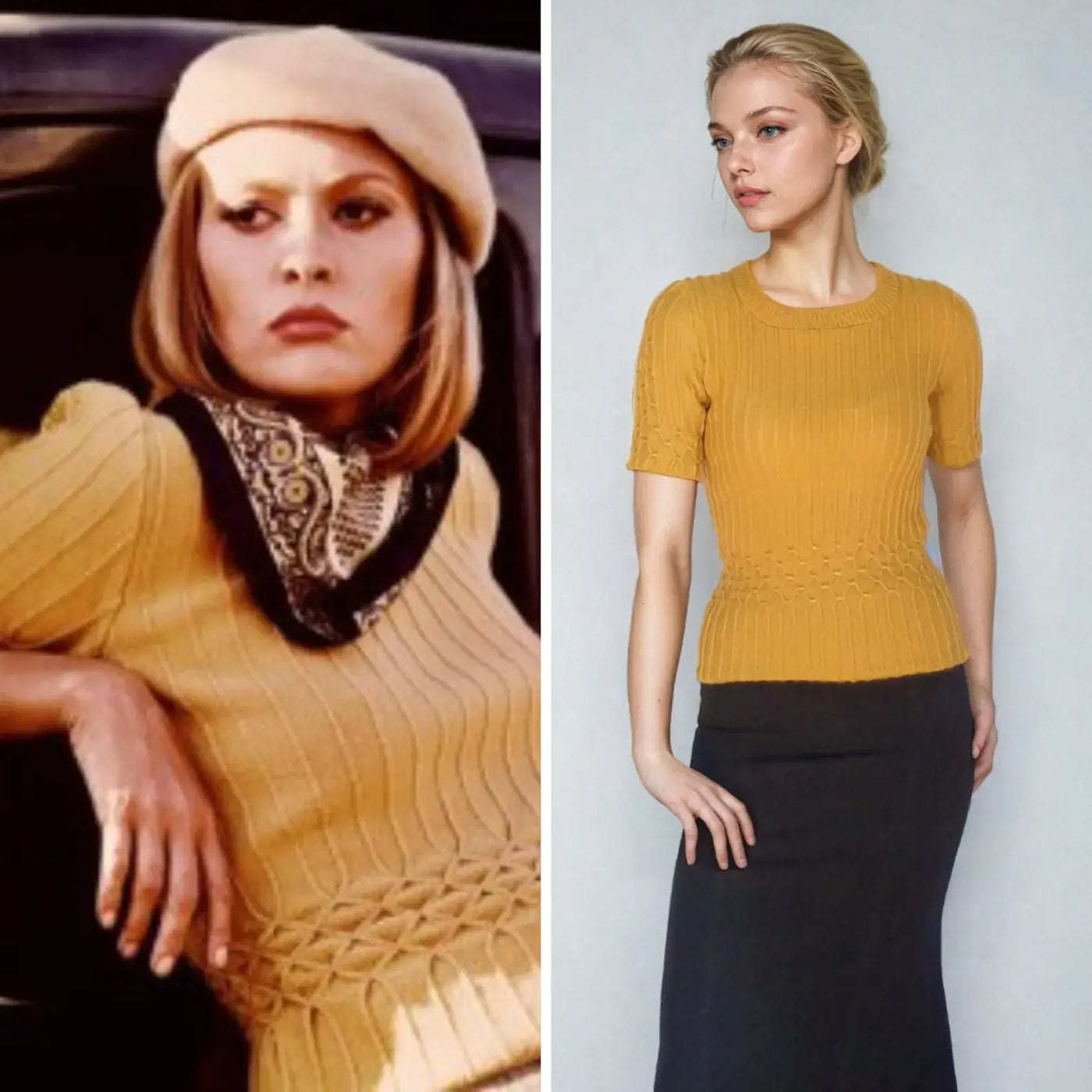 Bonnie and Clyde mustard knit sweater inspired by Faye Dunaway, featuring intricate cable knit design, short sleeves for women.