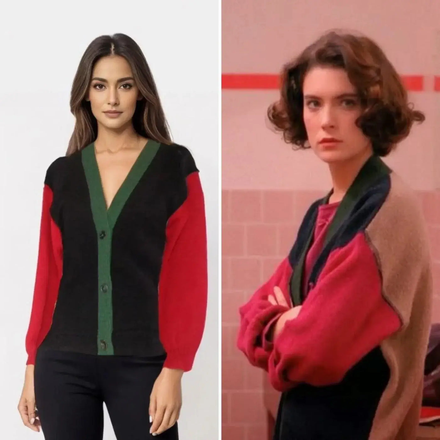 Twin Peaks inspired handmade color block sweater comparison with Donna Hayward's iconic 90s look.