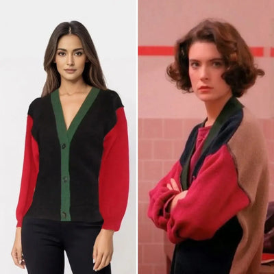 Twin Peaks inspired handmade color block sweater comparison with Donna Hayward's iconic 90s look.
