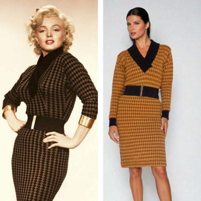 Marilyn Monroe in black check dress alongside model in brown check dress, showcasing A-line style and shawl collar.