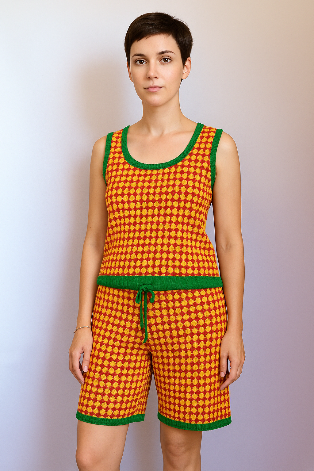Summer women's knitwear set: top and shorts with a bright checkered pattern