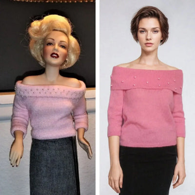 Marilyn Monroe inspired light pink off-shoulder sweater with pearl detailing for a vintage Hollywood look.