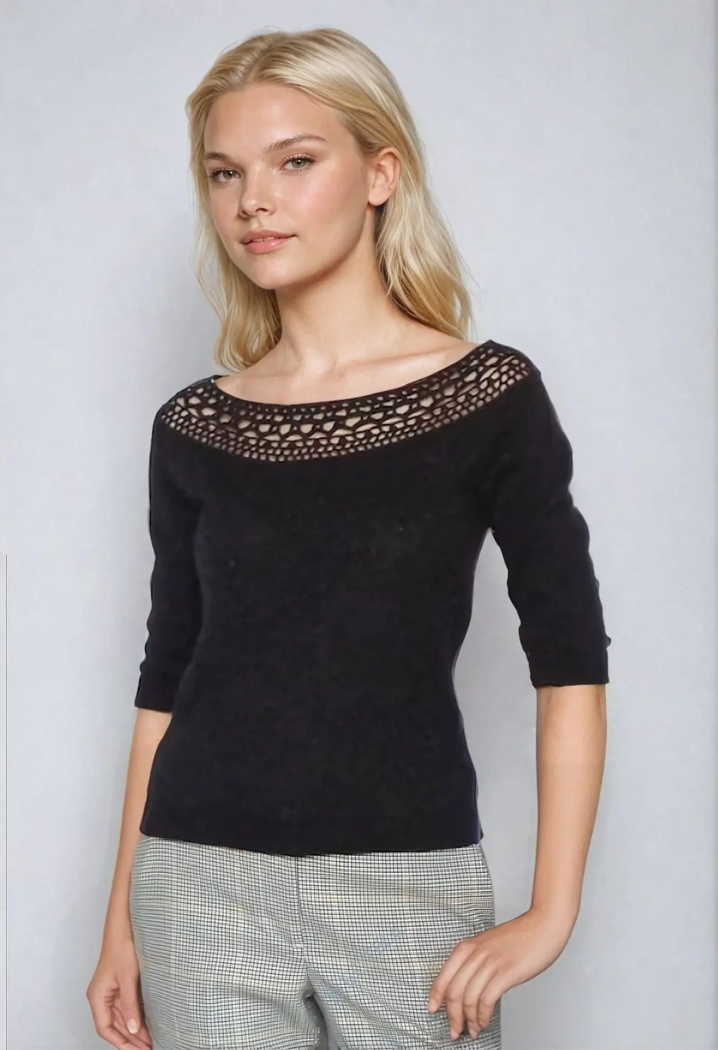 Marilyn Monroe-inspired off the shoulder black sweater top with lace neck, perfect for stylish outfit ideas.